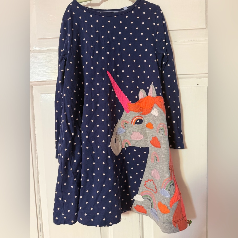 Mini Boden Girls Navy Polka Dot Dress with Unicorn Appliqué